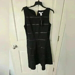White House Black Market Black Faux Leather Striped Fit and Flare Dress Size 10